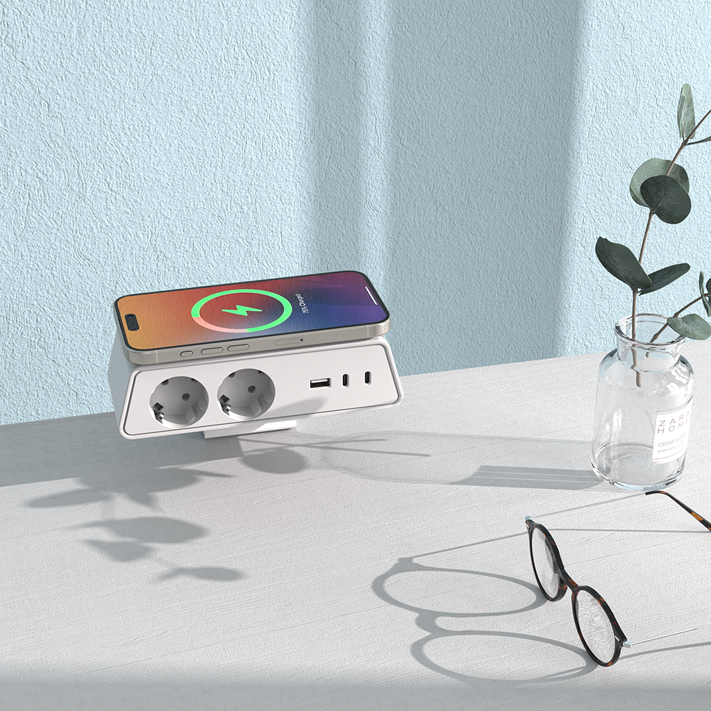 iPanda OME033 65W GaN desk power unit Schuko Qi2 wireless clamp-mount