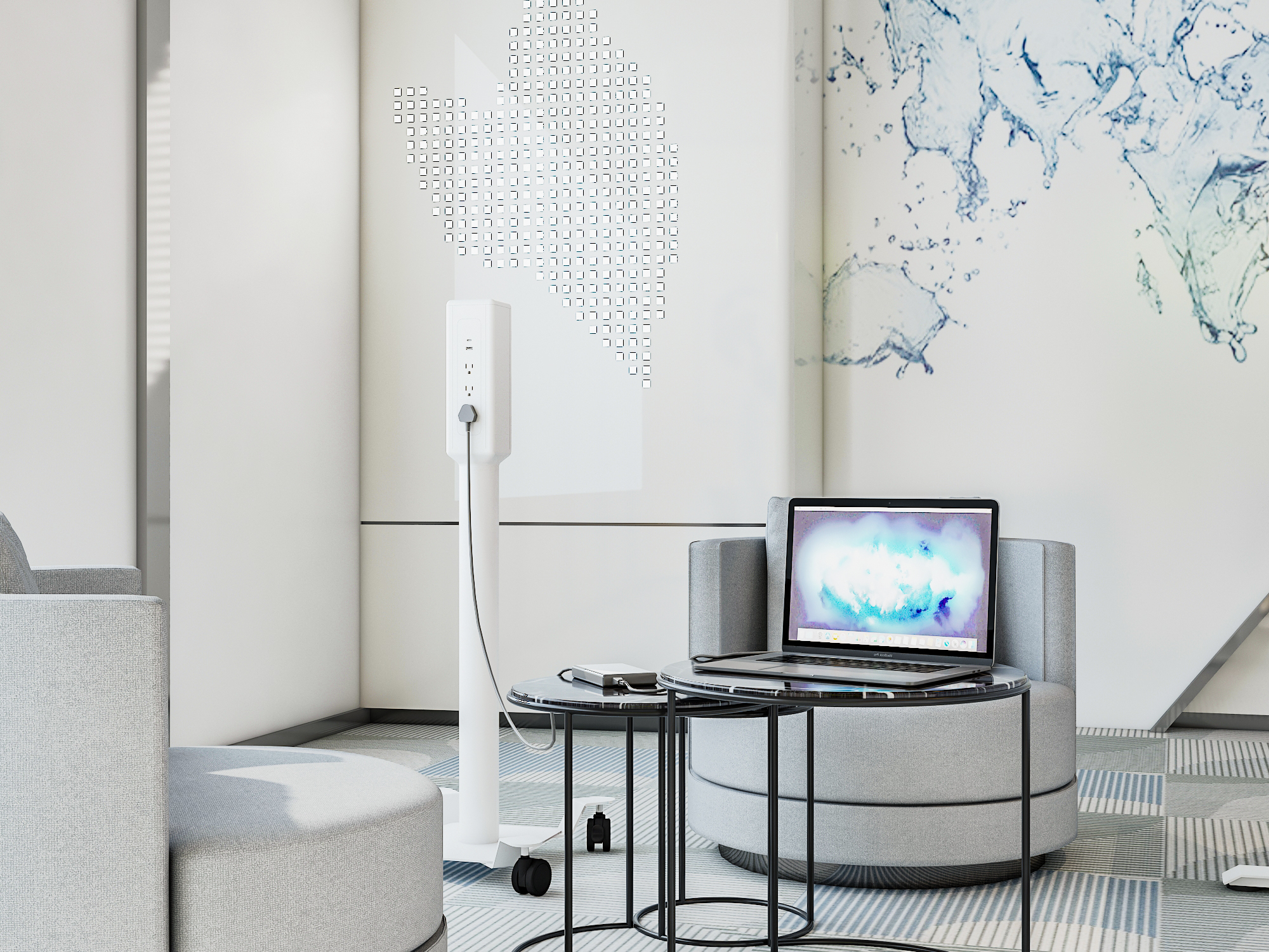 PS03 mobile power pole charging tower in lobby — mobile charging station with NEMA outlets and USB-C PD