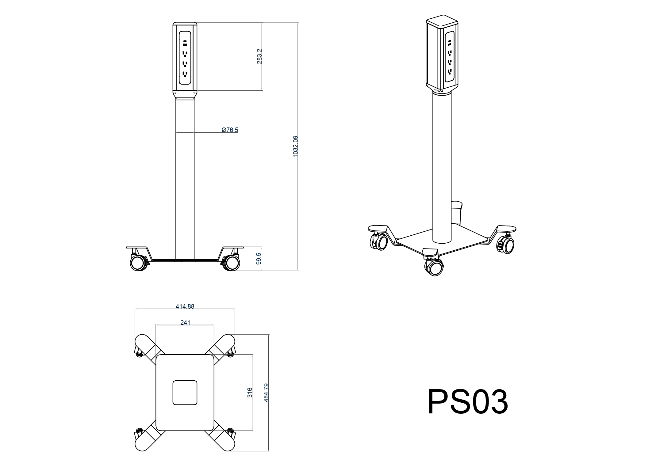 PS03 power tower technical dimensions — height, base footprint and tube size