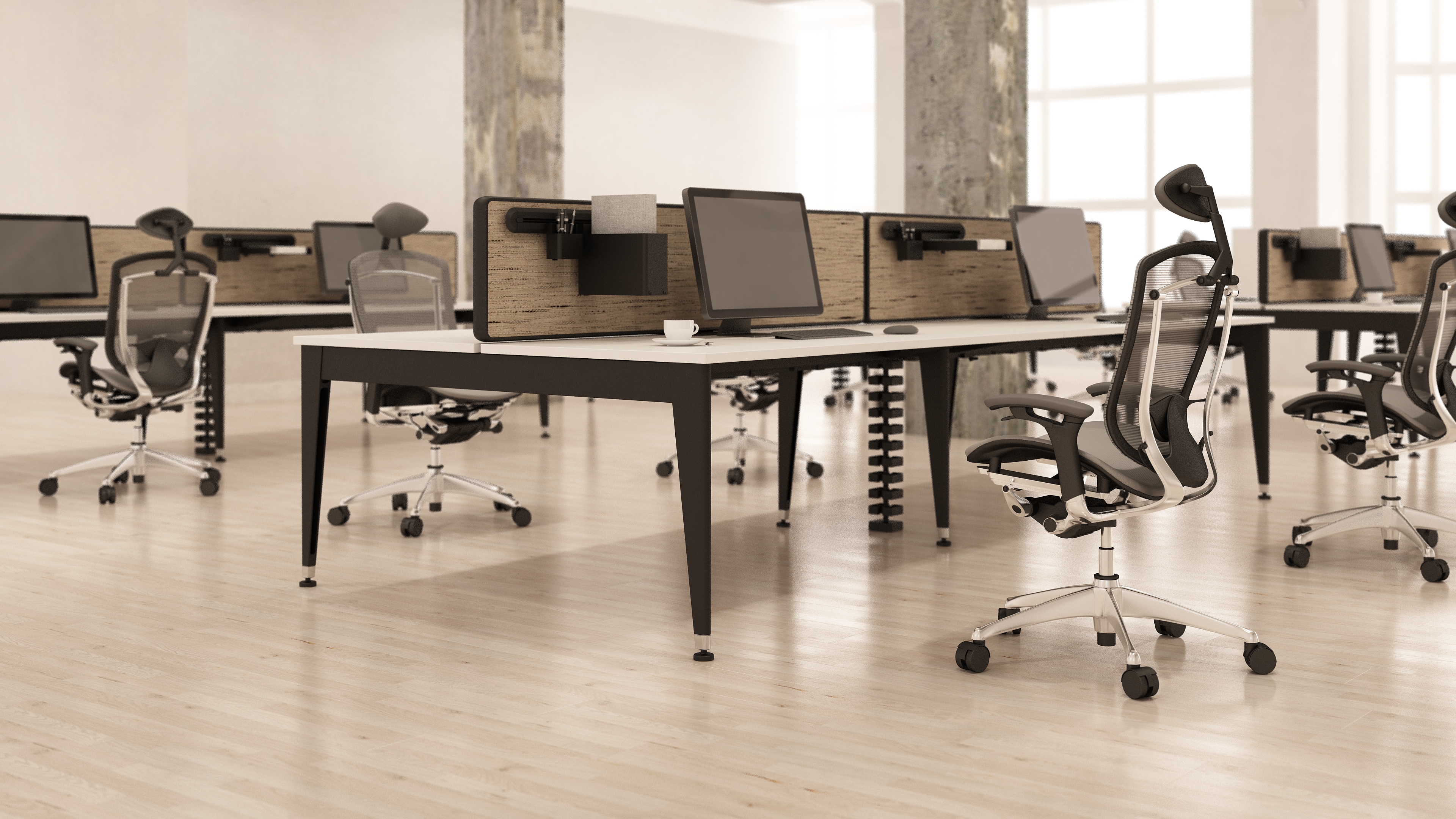 four‑person bench workstation