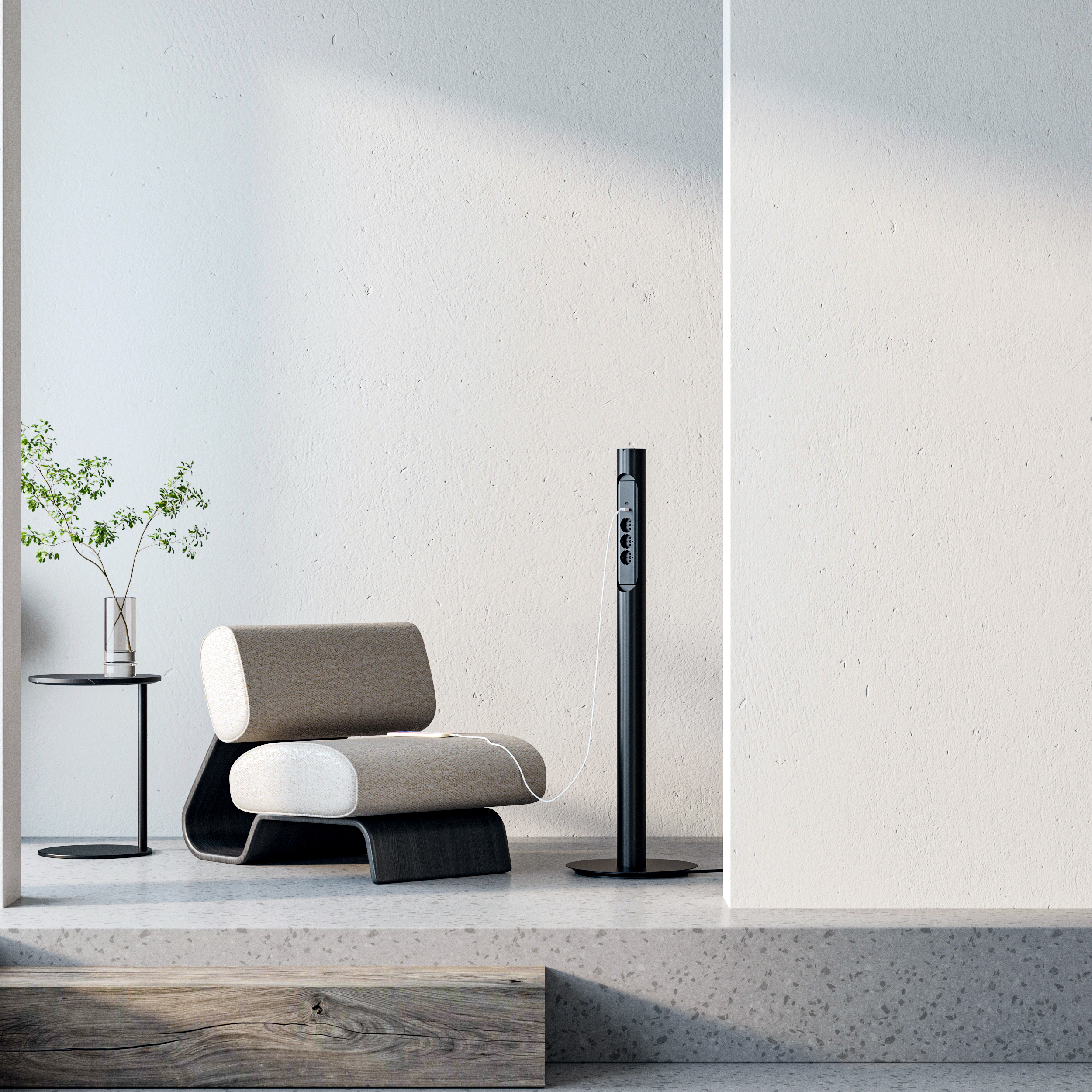 PS15-3A1U1C floor power tower with 3 EU sockets and USB ports beside office desk
