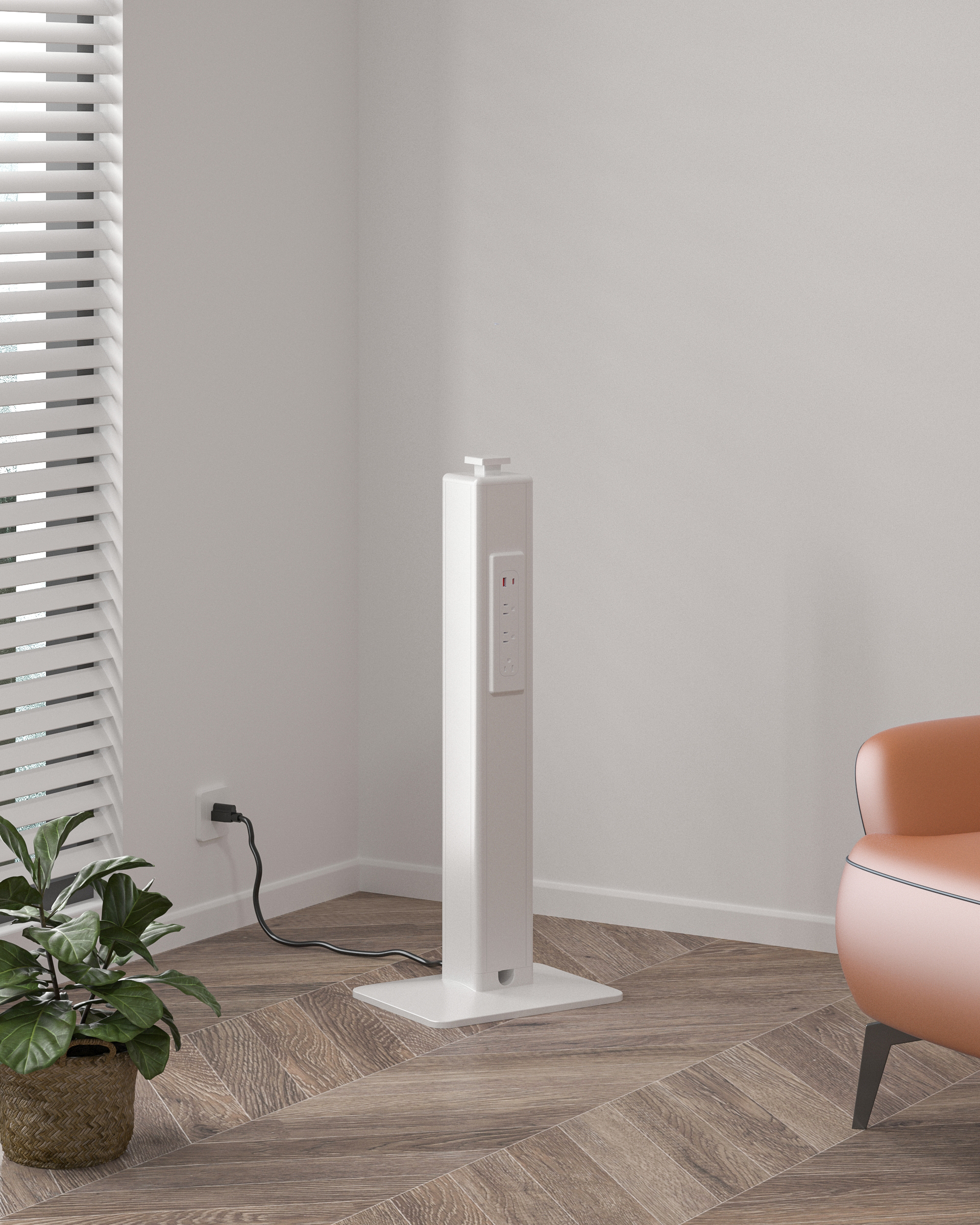PBK-1WAY white vertical power tower single-side with 3 AC outlets and USB-C/USB-A ports