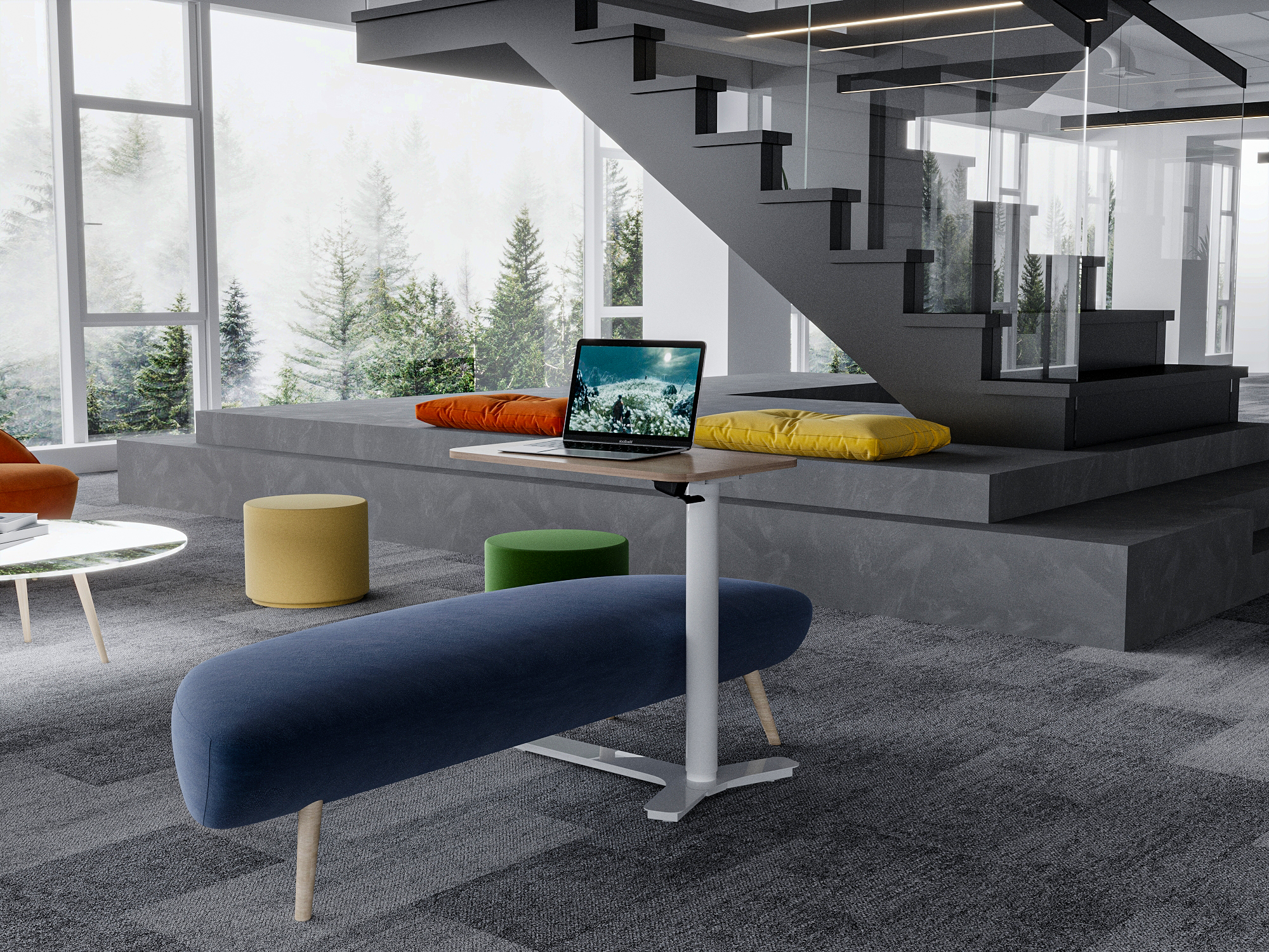 Ascendia mobile laptop table sliding under sofa, user working with laptop