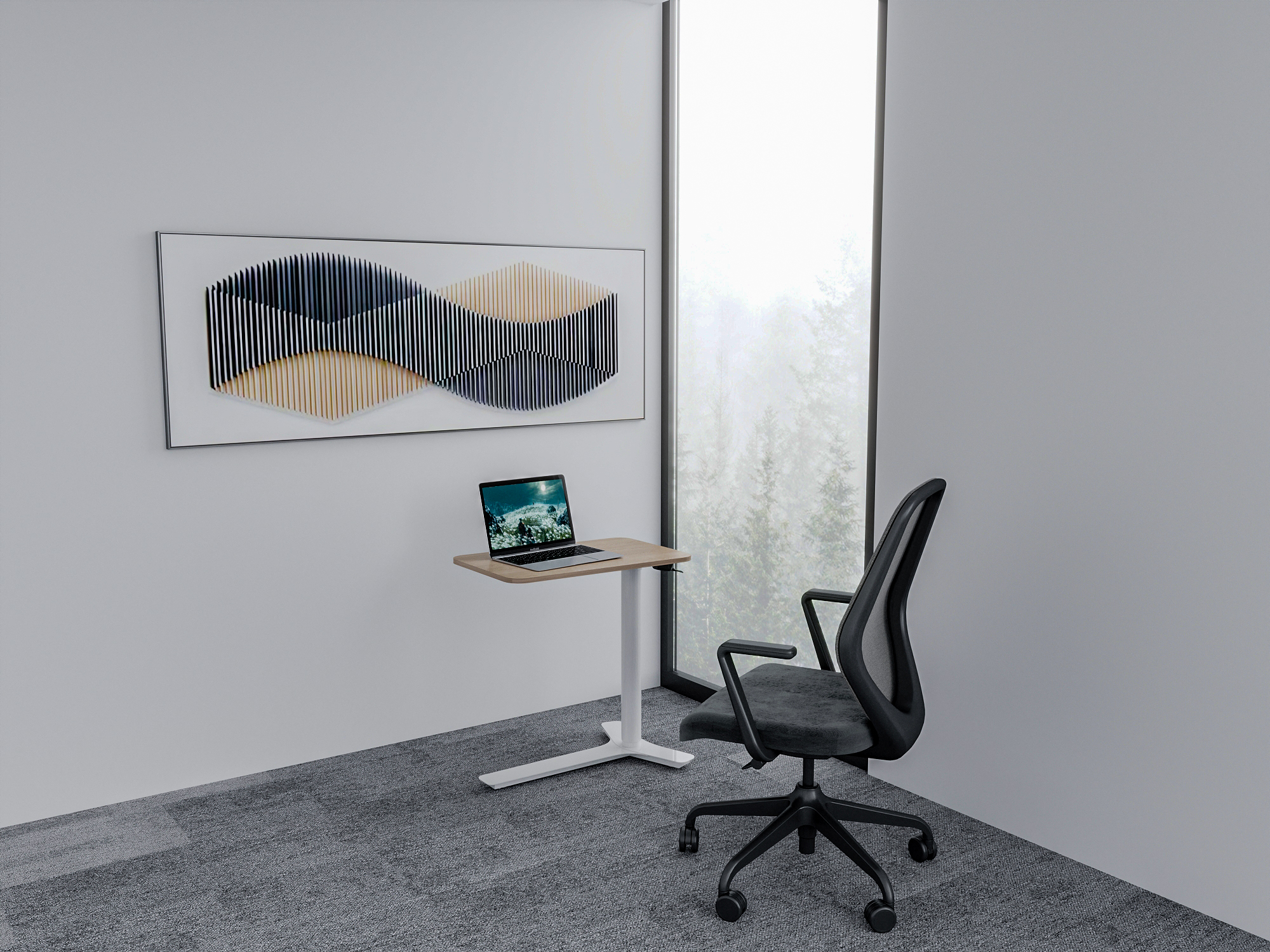 Ascendia mobile laptop table sliding under sofa, user working with laptop