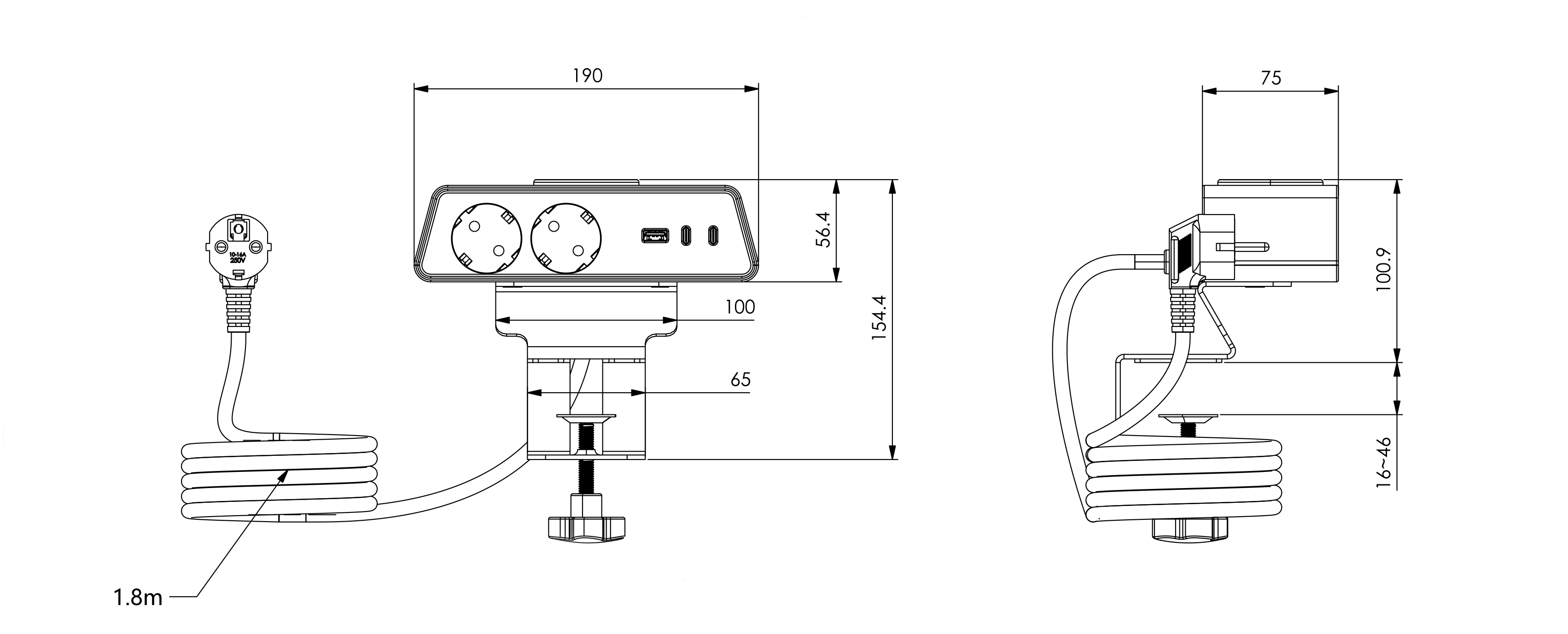 iPanda OME033 65W GaN desk power unit Schuko Qi2 wireless clamp-mount Drawing