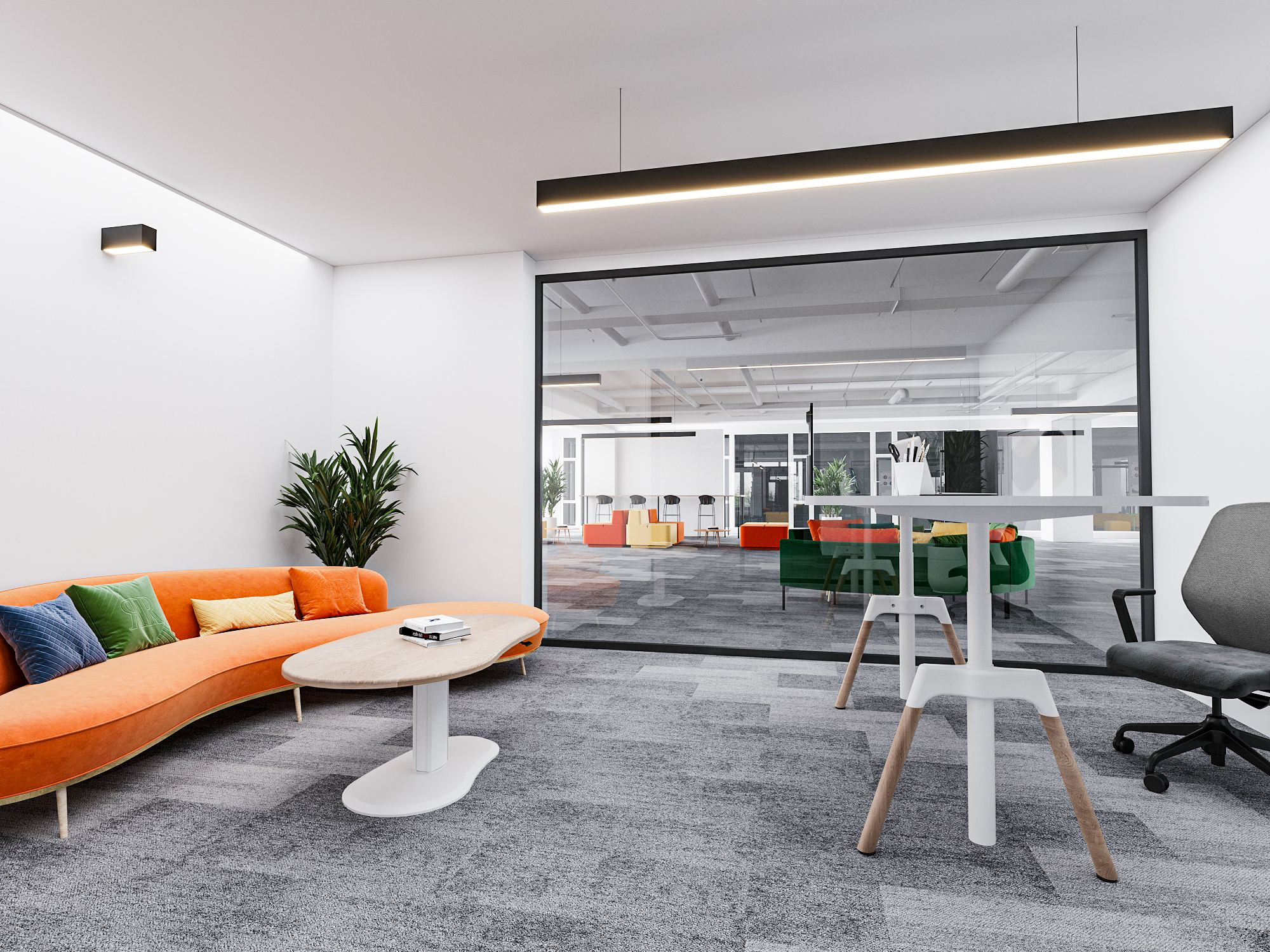 pneumatic height adjustable lounge table beside sofa in office reception area