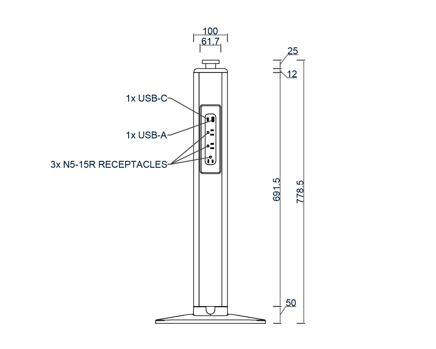 PBK-2WAY dual-side vertical power tower with USB-C and multiple AC outlets on both sides