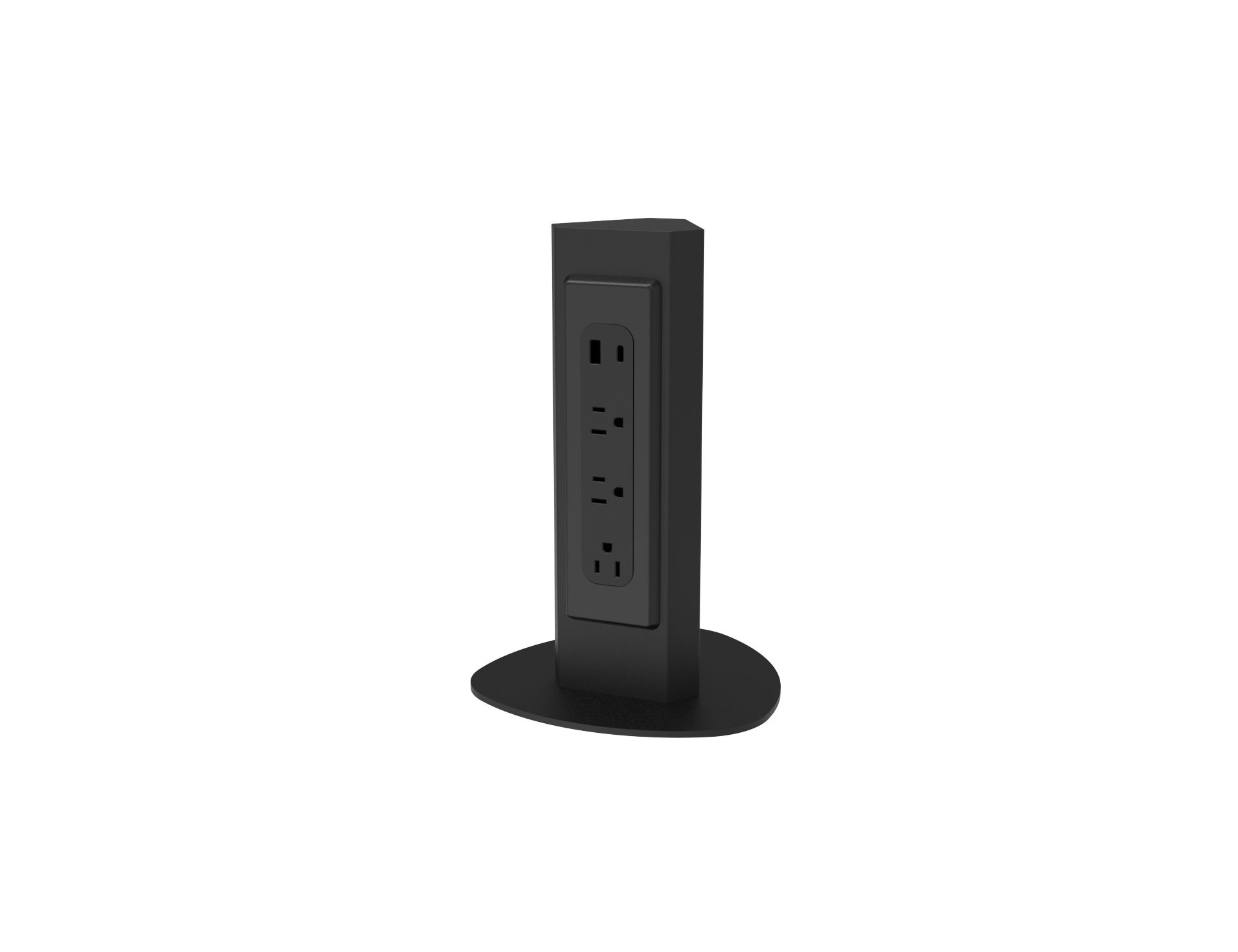 PS11 power tower front view showing three NEMA outlets and USB-A and USB-C ports, black finish