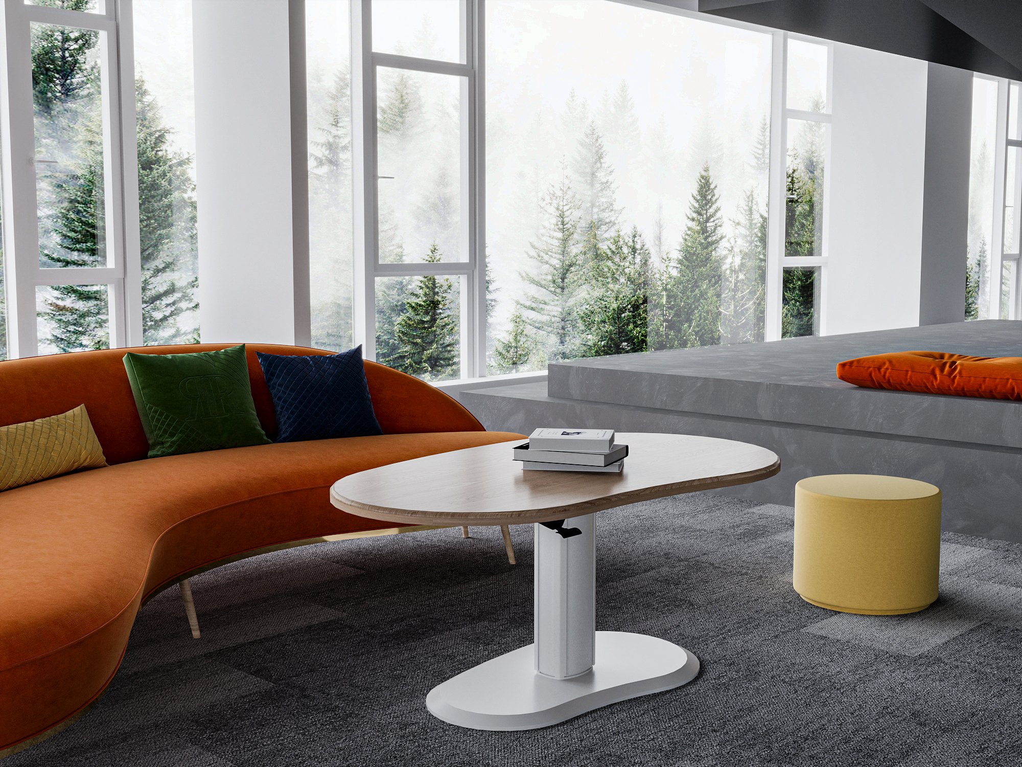 pneumatic height adjustable lounge table beside sofa in office reception area