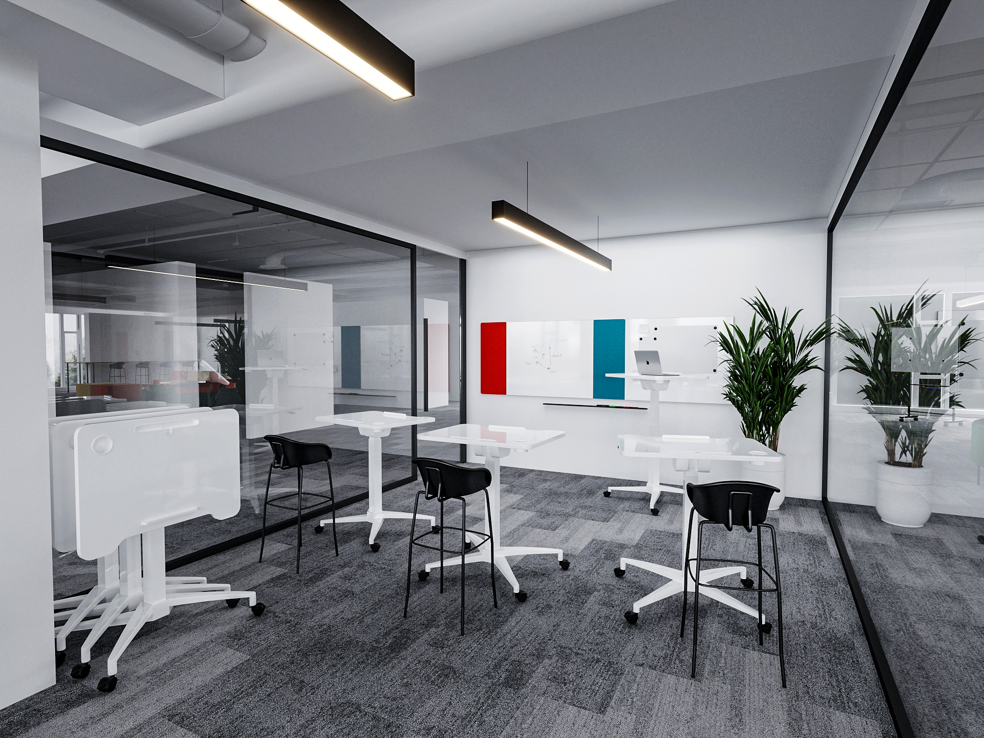 SpaceNest Table in collaborative meeting room with flip top nested and pneumatic height adjustment in use