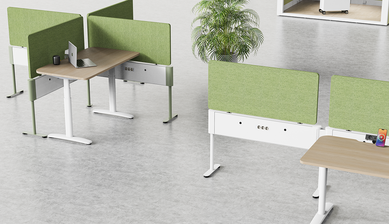 SN Power Beam freestanding power beam installed between two sit-stand desks