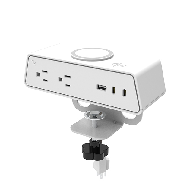 iPanda US OME001-PLUS — 65W GaN Desk Power Unit with Qi2 15W Wireless | NEMA 2×5-15R, 1×USB-A, 2×USB-C (Clamp-Mount)