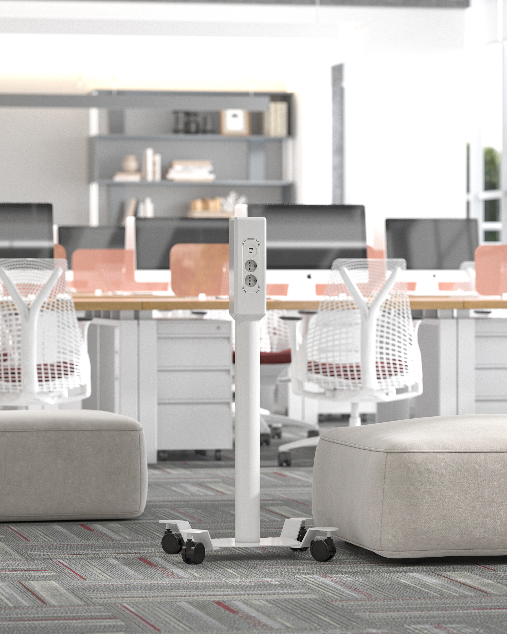 PS03 power pole socket cluster — 3 NEMA 5-15R outlets plus USB-A and USB-C PD port