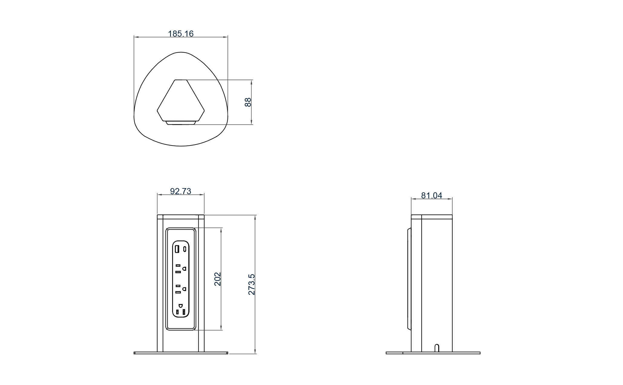 PS11 product dimension diagram: body 93&times;81 mm, height 274 mm, steel base footprint and package dimensions