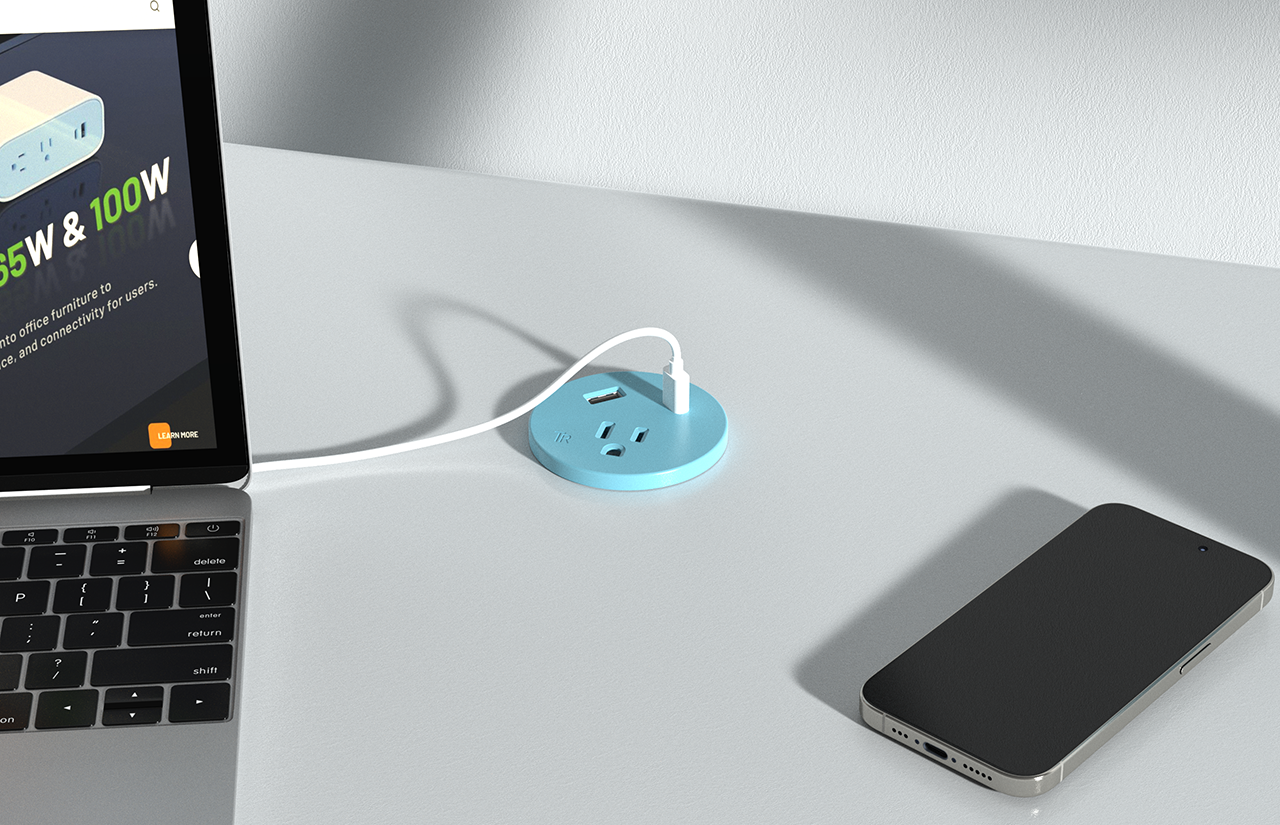 Under-desk / rear view of OME039.US-1U1C showing 6ft 16AWG cord and mounting profile