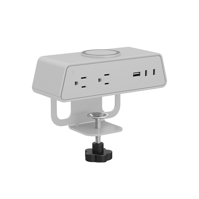 iPanda US OME001-PLUS — 65W GaN Desk Power Unit with Qi2 15W Wireless | NEMA 2×5-15R, 1×USB-A, 2×USB-C (Clamp-Mount)