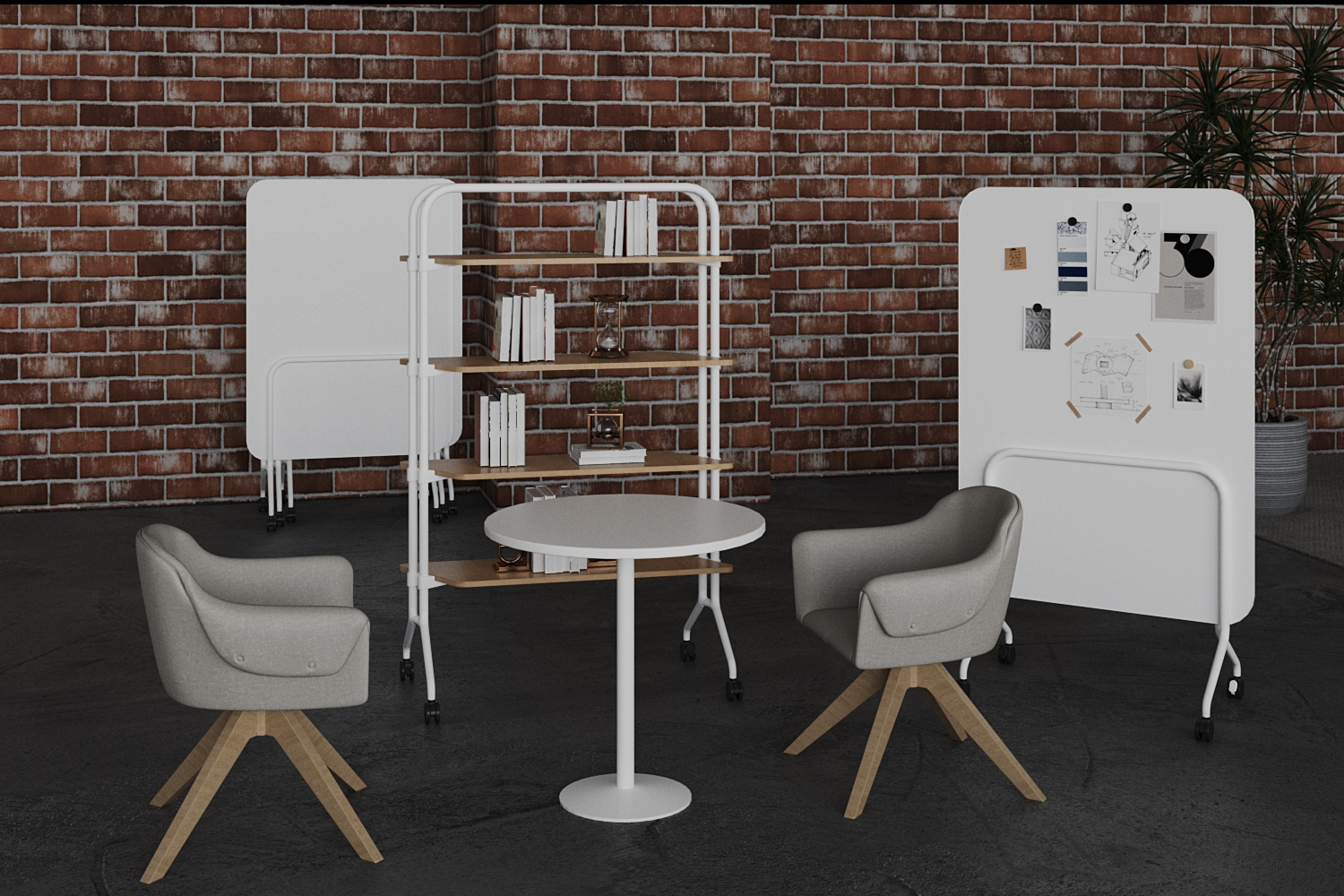 Modular office base frame designed for collaboration and privacy