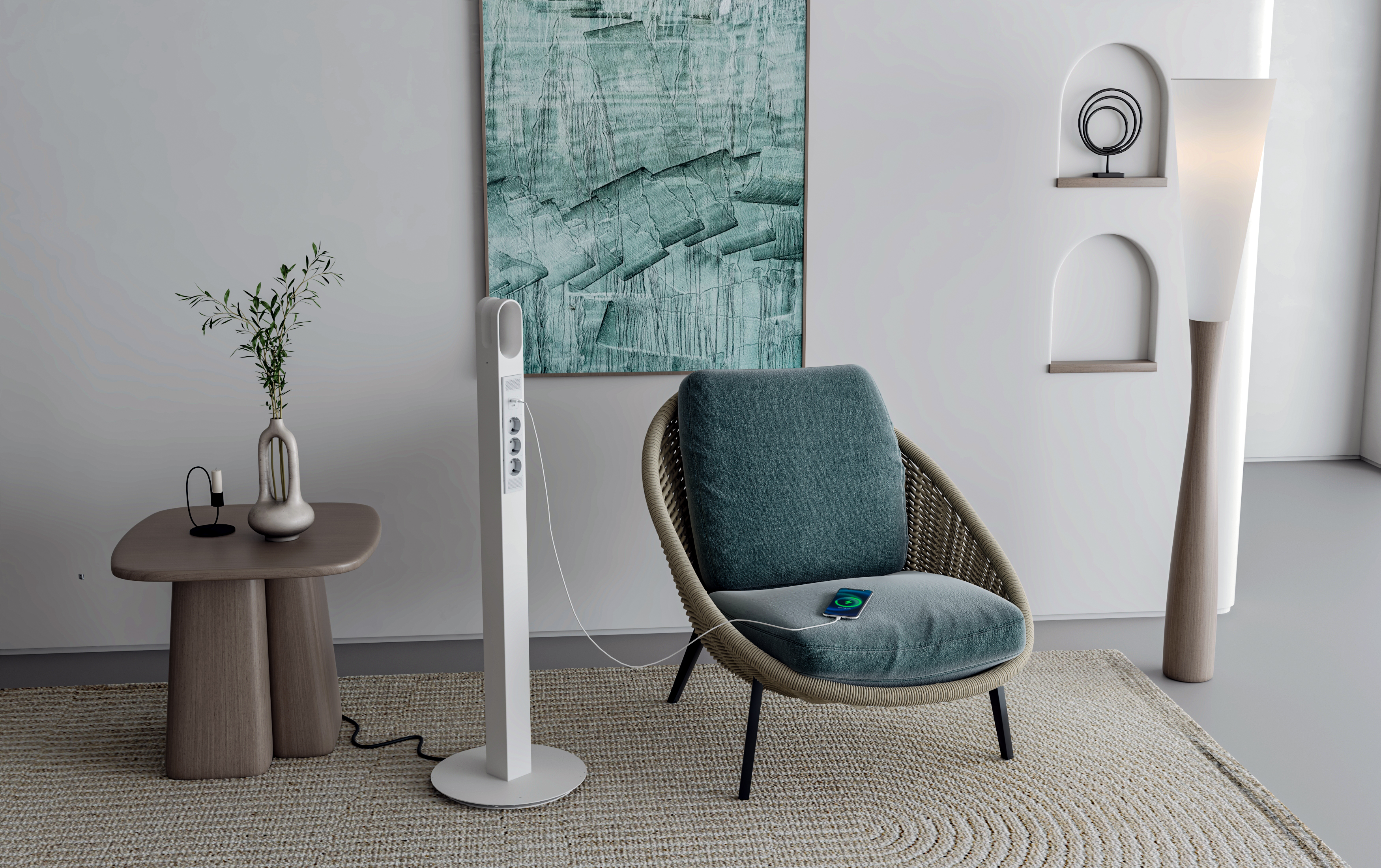 Floor-Standing Power Tower with 3 Schuko Outlets and 65W USB-C Fast Charging